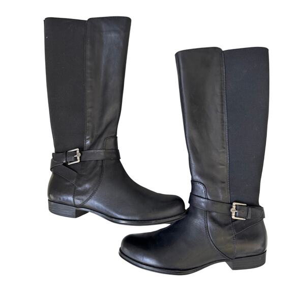 Isaac Mizrahi Size 9.5 Black Wide Calf Riding Boots Silver Buckle Leather - Picture 1 of 6